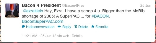 Bacon breaks the news to Ezra Klein on twitter.