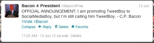 Bacon finally gets a Facebook page and promotes his intern.