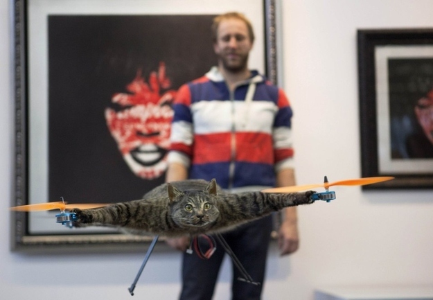 Dutch artist Bart Jansen flies the Orvillecopter during the KunstRAI art festival in Amsterdam on June 3, 2012. Jansen said the Orvillecopter is part of a visual art project which pays tribute to his cat Orville.