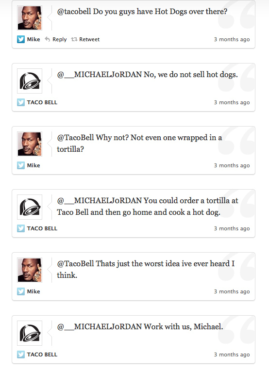 It doesn't matter that the Michael Jordan account is fake. All that matters is that now, we're all wondering what a hot dog wrapped in a Taco Bell taco tastes like.