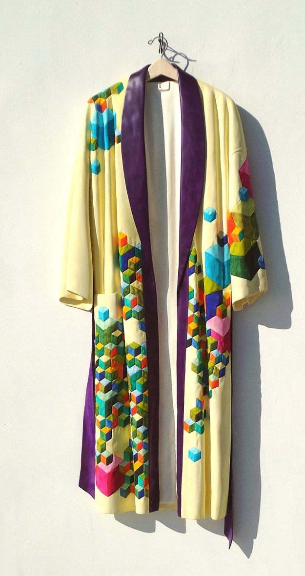 "The First Quilted Robe of the Reclusive Eccentric " Carved wood, silk dyes & mixed media, 57" x 25" x 4", 2010