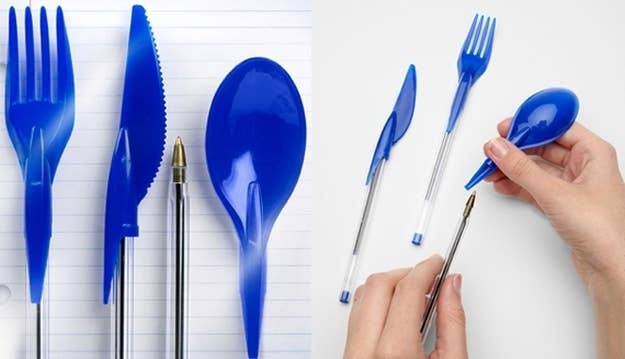 Ballpoint pens with fork, knife, and spoon caps. Handy for a snack, or totally pointless?