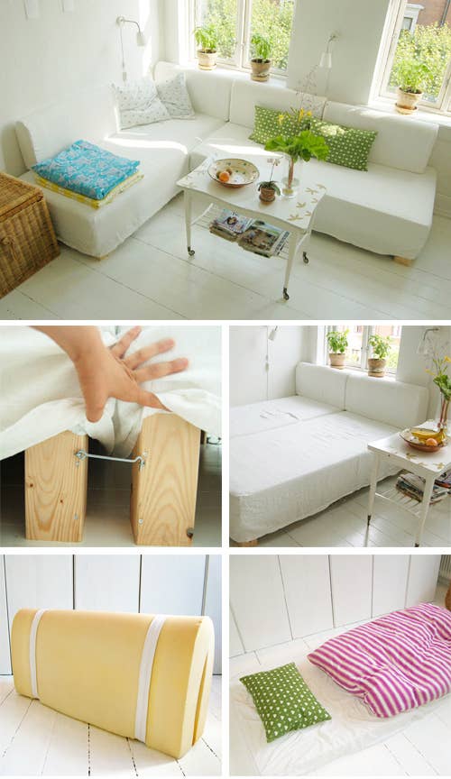 This is a DIY project created using two foam mattresses that can be reconfigured to be a couch or a bed.