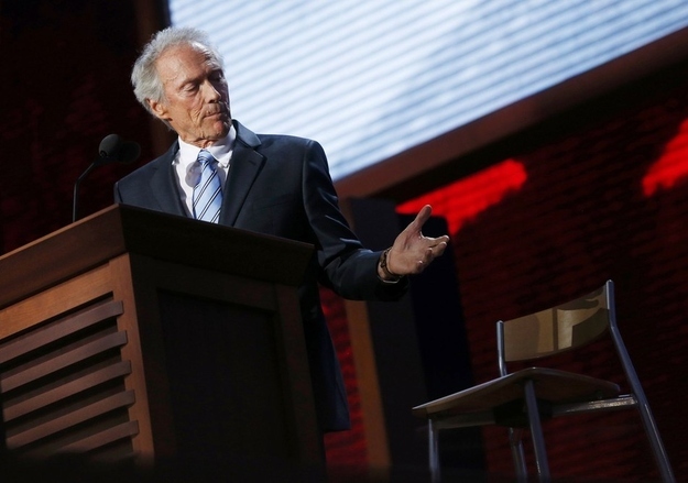 Actor Clint Eastwood addresses an empty chair and questions it as if it is U.S. President Obama, as he endorses Republican presidential nominee Mitt Romney during the final session of the Republican National Convention in Tampa, Florida, August 30, 2012.