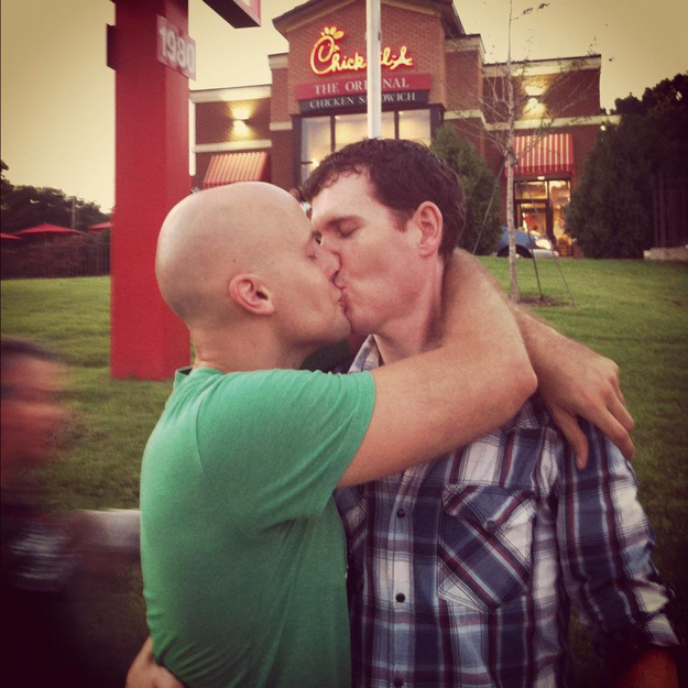My beautiful boyfriend and I sharing a kiss outside of Chick-Fil-Hate
