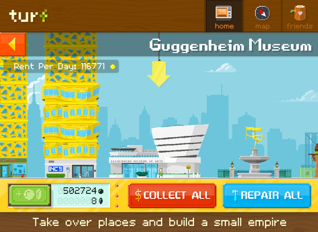 Turf is actually a game where you try to earn enough money so you can "own" your favorite establishments or locales. You can also earn coins from visiting new places and use them to expand your empire (or conquer someone else's).