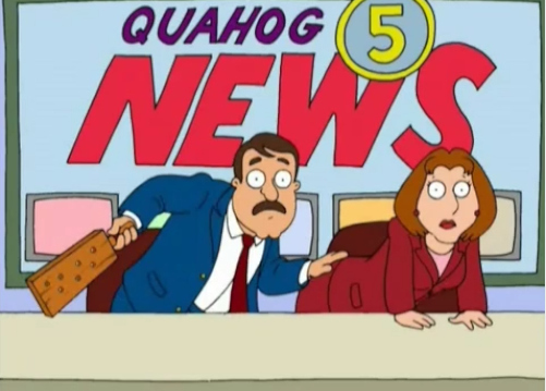 Quahog News' Tom Tucker and his team of stereotypical television news personality are all over-the-top parodies of network TV clichés. EDGE: The Simpsons