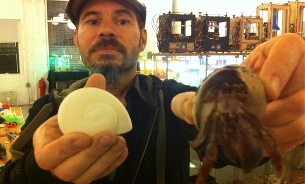 A hermit crab and the first prototype shell.