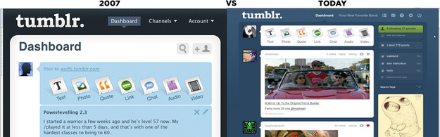 Founded in 2007 by David Karp, Tumblr is a microblogging platform that allows users to post text, images, videos, links, quotes and audio to their tumblelog. Since its creation, the Tumblr dashboard has undergone minor changes. The most notable change was in June of 2011, when the site changed how users would navigate between blogs and information displayed in the sidebar.