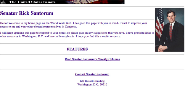 Rick Santorum's Senate website circa 2000.