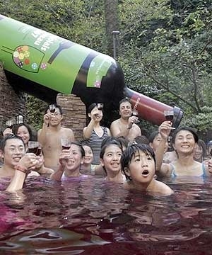 "Nurse yourself - and your favorite beverage - in a red wine pool in the shadow of Mt. Fuji." (Ya~ I'm going to let my kids marinate soak in a great vat of wine. What a waste of wine!).