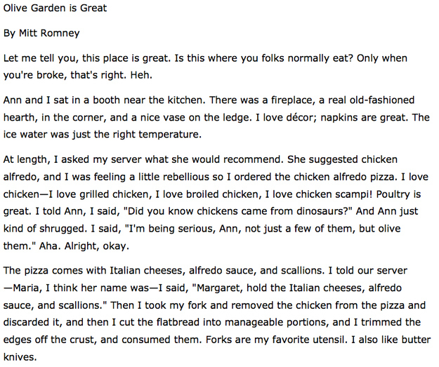 Read the thrilling conclusion to Mitt's Olive Garden review at Mother Jones.