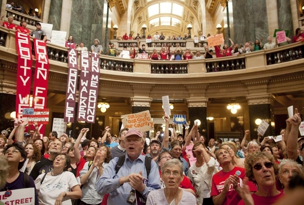 Protesters in the Wisconsin State Capitol Building last June.