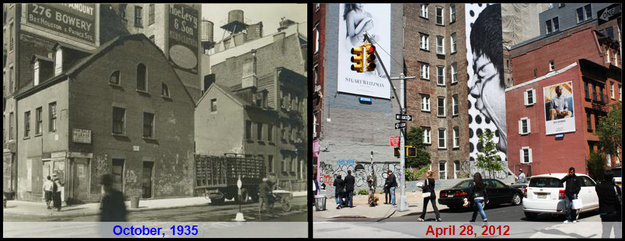 The two buildings on the corner are gone. (The larger one was "for sale or lease.") An empty lot remains. The tall building in the background still proudly displays advertising/art. The two buildings on the right remain. I imagine that the 3 strangely placed windows (next to the Ben Sherman ad) were once situated around the roof of the smaller missing building.