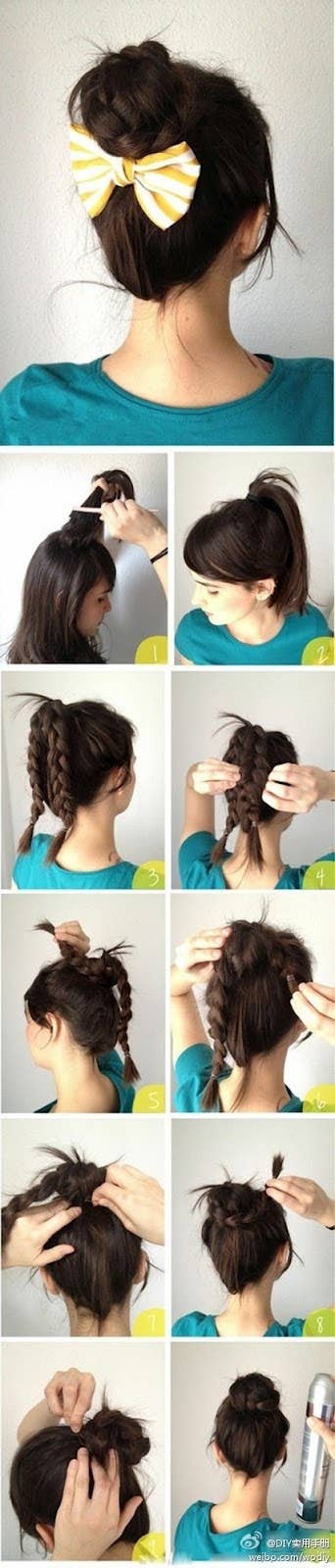 Put your hair in a ponytail, and divide the ponytail into two braids. Proceed to twist the braids into a bun, and pin.