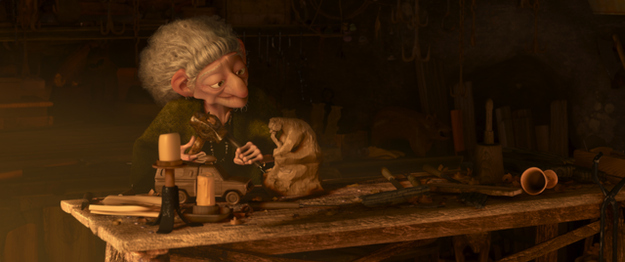 In the scene in the witch's hut, she is emphatic that she only carves bears...and pizza trucks as you can see in the lower left corner of this screen capture.