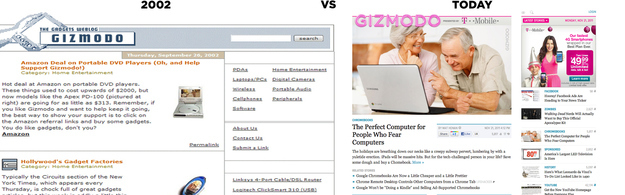 Gizmodo, the technology weblog about consumer electronics was launched in 2002 and was originally edited by Peter Rojas. In 2011, the site underwent a major redesign which resulted in a large amount of negative feedback by many of the site's regular users.