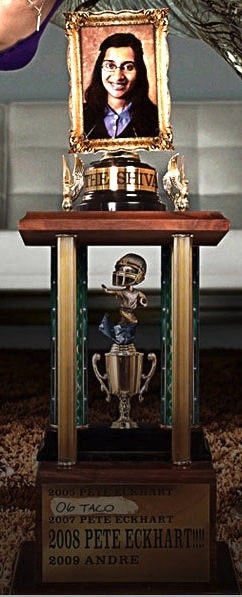 In The League they have Shiva, a trophy that appropriates the image of the valedictorian from their high school class. But if there's no hardware, your league sucks.