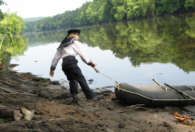 "A lone German sailor drags his raft up on the west bank of the Mulva River, then prepares to find Marwencol."