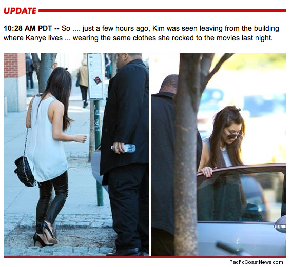 An update from TMZ (with photos!) shows Kim leaving Kanye's house this morning.