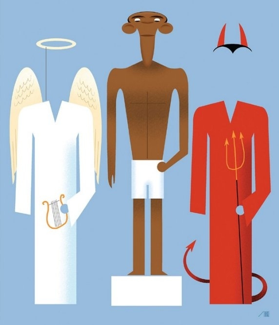Obama as a paper doll that could be dressed as either an angel or a devil. Cover proposal by Bob Staake.