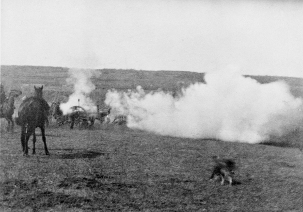 Canadian Army artillery in action at the Battle of Batoche. By Captain James Peters. (1885)