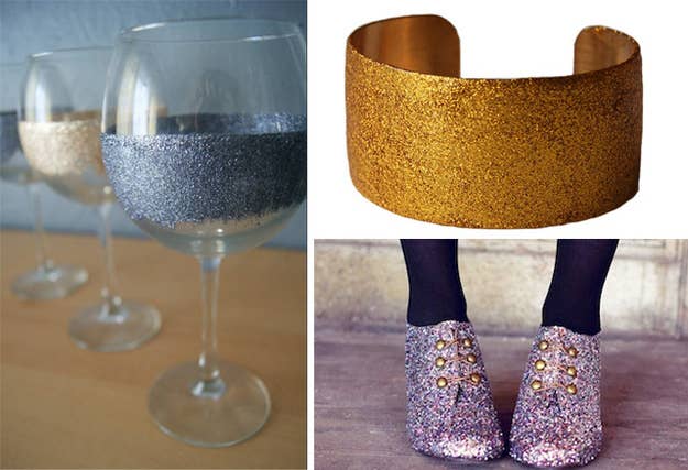 Mix the Mod Podge with glitter and paint it on stuff.(Glitter wine glass source: The Sasse Life)