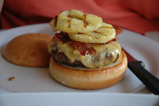 You'll Need:- 2 pounds lean ground beef- 1/2 cup prepared barbecue sauce- 1 (8 ounce) can sliced pineapple- 4 slices swiss cheese, optional- 8 slices bacon, cooked - 1/4 cup Hidden Valley® For Everything® - 4 hamburger buns, splitDirections: - Prepare grill for indirect cooking. In a large bowl, mix together hamburger meat and barbecue sauce. Season with salt and pepper. Shape mixture into 4 large patties. - Grill pineapple slices for 2 minutes on each side. Cook burgers, covered, until cooked through. Top with cheese and cook an additional 2 minutes.- Layer the bottom bun with burger, bacon, and grilled pineapple slices. Spread top halves of buns with Hidden Valley® For Everything® generously.