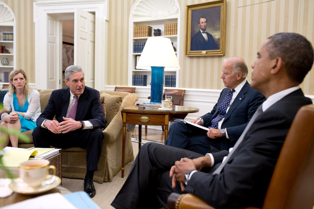 President Barack Obama and Vice President Joe Biden meet with senior advisors in the Oval Office to discuss the shootings in Aurora, Colorado, July 20, 2012. Pictured, from left, are: Kathryn Ruemmler, Counsel to the President, and FBI Director Robert Mueller. (Official White House Photo by Pete Souza)