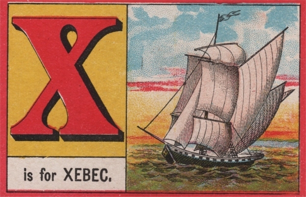 A xebec is a type of sailing ship that dates back to the sixteenth century. Powered by a combination of oar and wind, these ships had had long bowsprits and mizzen masts that extended past the rear of the boat. In truth, they were pretty cool looking, which is why "xebec" turned out to be a popular choice in alphabet books. This particular image is from a card game called "The Game of Letters," circa 1893. And remember: "xylophone" had been around for a while by then!