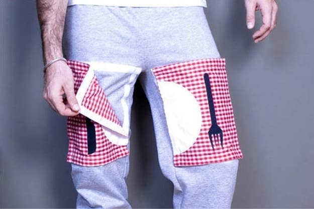 These sweatpants have mini-tablecloths velcroed to the thighs for lazy lap eating. Reduces your laundry load, or totally pointless?