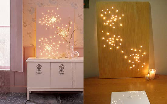 Poke holes into the canvas in a random constellation pattern and then stick the bulbs of the string lights through the holes. Get the full directions here.