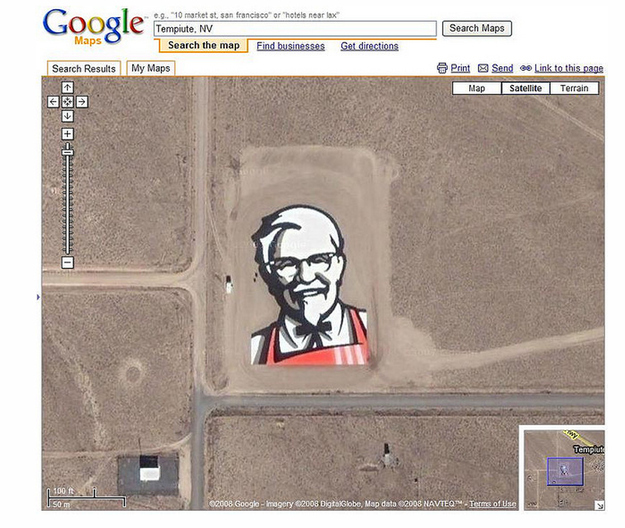 Brands Inc created the logo near Rachel, Nevada. They claim that it was the first ad that could be seen from space.