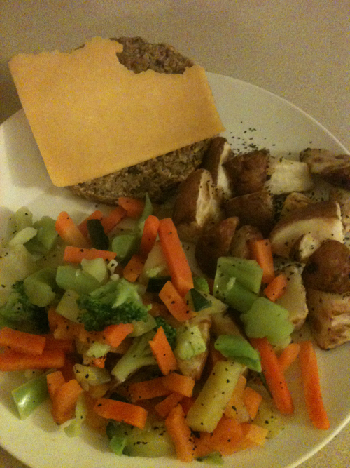 Half a slice of American cheese and a bag of frozen vegetables with all the pepper you could ever want!