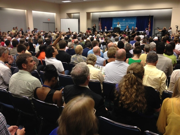 Rep. Tammy Baldwin addresses the LGBT Caucus at the Democratic National Convention.