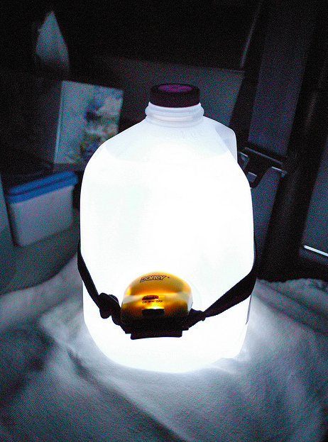 Strap a headlamp onto a water jug to make a light.