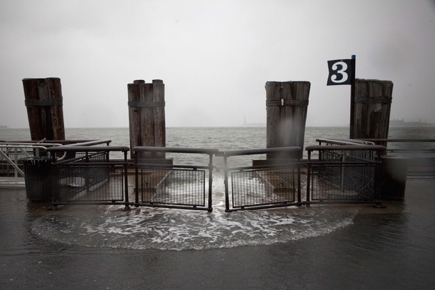 Rising waters break the banks at Battery Park as Hurricane Sandy makes its approach in New York, October 29, 2012.
