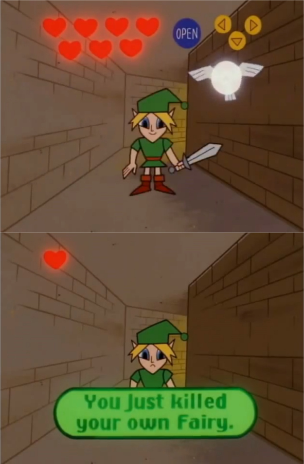 A Legend of Zelda: Ocarina of Time parody appears in the Powerpuff Girls episode "Child Fearing." Mid-episode, the story cuts away to a game screen controlled by Townsville's mayor: Navi the fairy repeatedly shouts "HEY" while Link blunders around, unable to understand her directions. After slamming into walls and being crushed by bricks, Link kills Navi, forcing the mayor to restart the game.