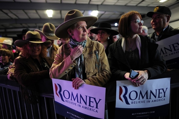 Mitt Romney supporters attend a campaign rally at El Aero Services Inc. at Elko International Airport in Elko, Nevada, February 3, 2012.