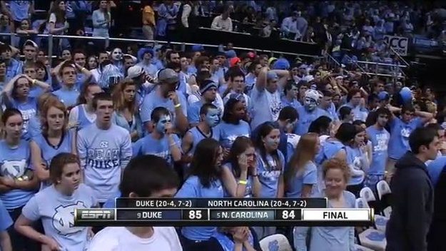 I feel most sorry for the skinny guy near the bottom left with the "Beat Duke" t-shirt. It's as if someone told him Harrison Barnes was transferring and Roy Williams was retiring.