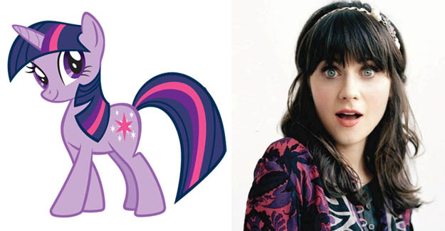 Twilight Sparkle is one smart pony! She loves studying about magic and always has her snout in the books. A natural born leader, Twilight Sparkle loves the company of her pony friends and is always eager to lend a helping hoof.Zooey Deschanel would make an excellent Twilight Sparkle because of her infectious charisma and endearing quirkiness. Zooey is intelligent and knows how to work hard as she is an actor, singer and also helps run a popular website called HelloGiggles.com! As a great multi-tasker with a bubbly personality, we give her two hooves up as Twilight Sparkle.