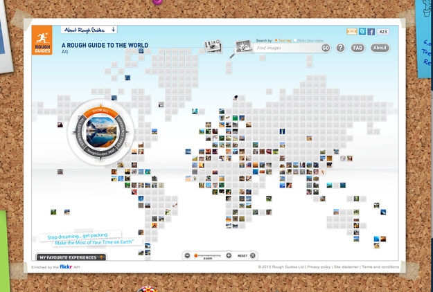 The Rough Guides books are legendary for informing people about the best places to see around the world and the Canvas tag in HTML5 is used to great effect to draw the 2D world map created from photos sourced from Flickr and Rough Guides' own archive.