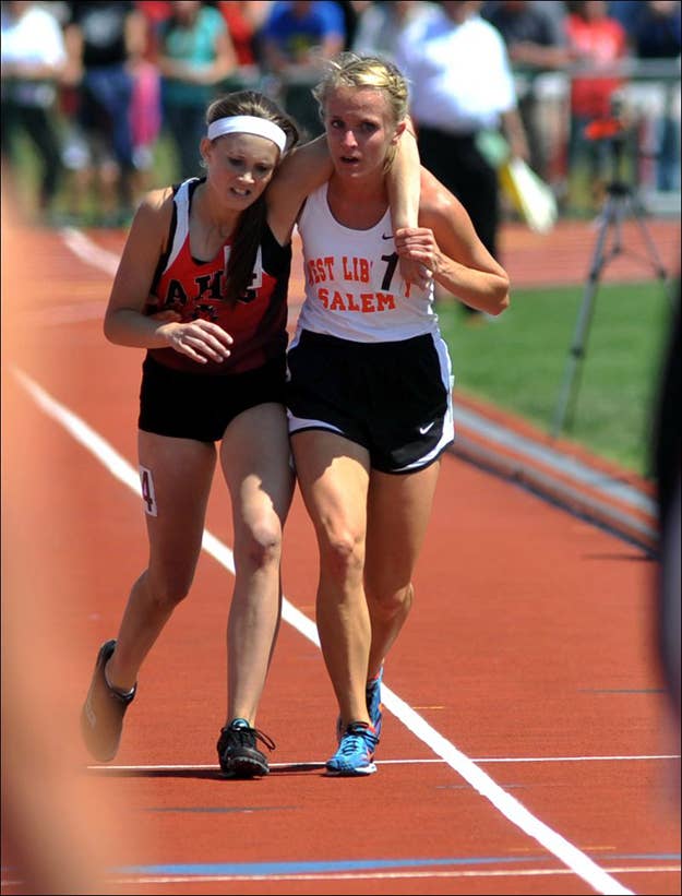 17-year-old Meghan Vogel was in last place in the 3,200-meter run when she caught up to competitor Arden McMath, whose body was giving out. Instead of running past her to avoid the last-place finish, Vogel put McMath's arm around her shoulders, carried her 30 meters, and then pushed her over the finish line before crossing it.