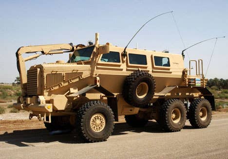 The Buffalo Mine Protected Vehicle. Thanks to a V-shaped hull this beast can survive direct mine explosions and still protect occupants inside.