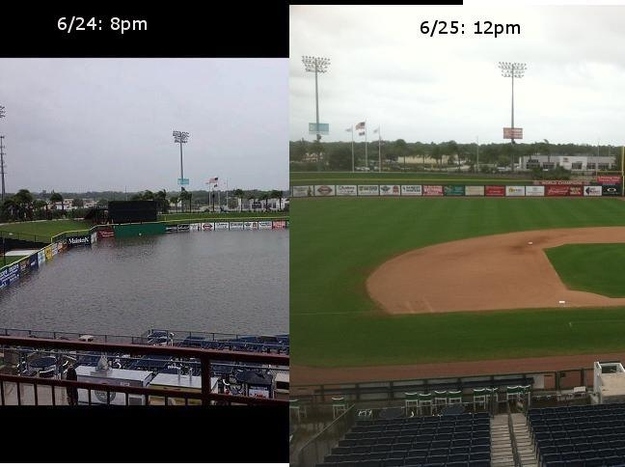 Stadium managers were quick to act, and by the next day, they had cleared the field and dugouts of water. Big thumbs up to the people who fixed the situation.