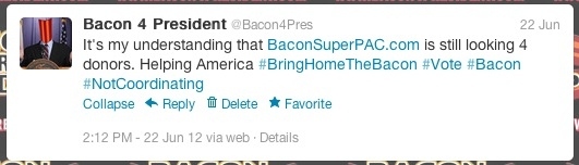 Bacon has been working on some hash-tag slogans. #BringHomeTheBacon may be the best one we've seen in this campaign.