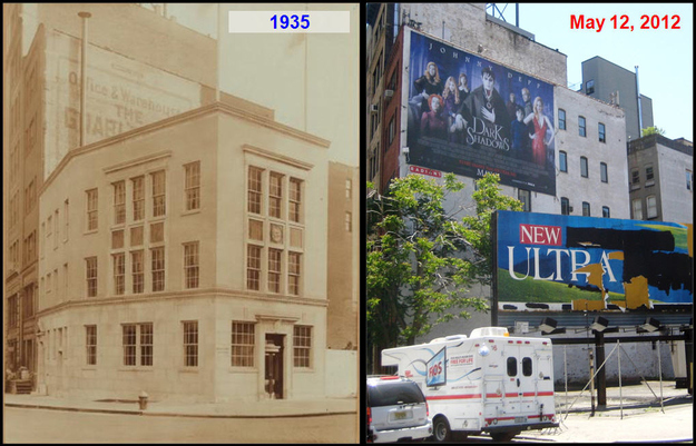 In 1935, this Tribeca corner was occupied by a handsome three-story building. Today it is a parking lot and a decaying billboard. The buildings behind the lot are the same today as they were in 1935. Today, a "Dark Shadows" vinyl movie banner. In 1935, an "Office & Warehouse" advertisement painted on the brick facade. But things are about to change, for the better or worse, depending on your perspective. Ground has been broken to make way for 9-story, glass-and-concrete, luxury condo with 16 units (See rendering below). Go see the parking lot and billboard before it's too late. The Ghostbusters Firehouse is just a few feet away (but we'll cover that in a dedicated blog post)