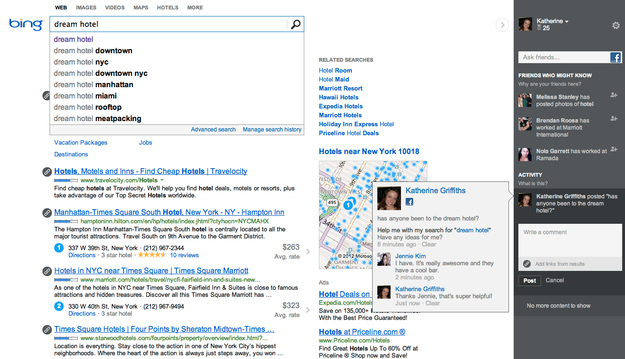 Search can help you locate cool hotels, but only Bing brings together the best of search and social, so you can spend less time searching and more time doing! Take for example the Dream Hotel in New York. You can see if your friends have visited there and ask for their advice.