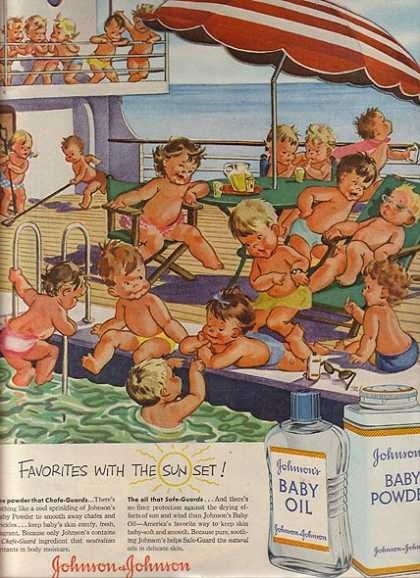 Kids used to get outside to play more often. Yes. And mother and father lathered them up with baby oil and let them roam the beach (or in the case of this ad, an all-baby cruise ship) on their own. A tan baby was a healthy baby. Ad published in 1956.