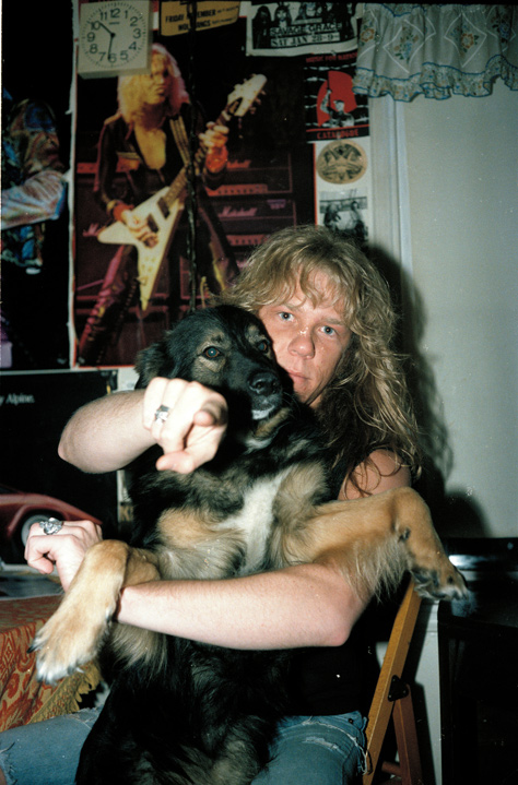 James in the kitchen at home with producer Mark Whitaker’s dog, Clive.